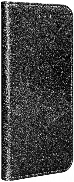 Huawei Y5 2019 oldalra nyíló flipes bőrtok csillámos fekete