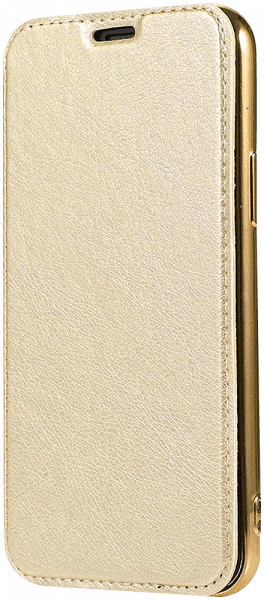 Huawei P40 Lite E oldalra nyíló flipes bőrtok átlátszó szilikon hátlap, fémhatású keret arany