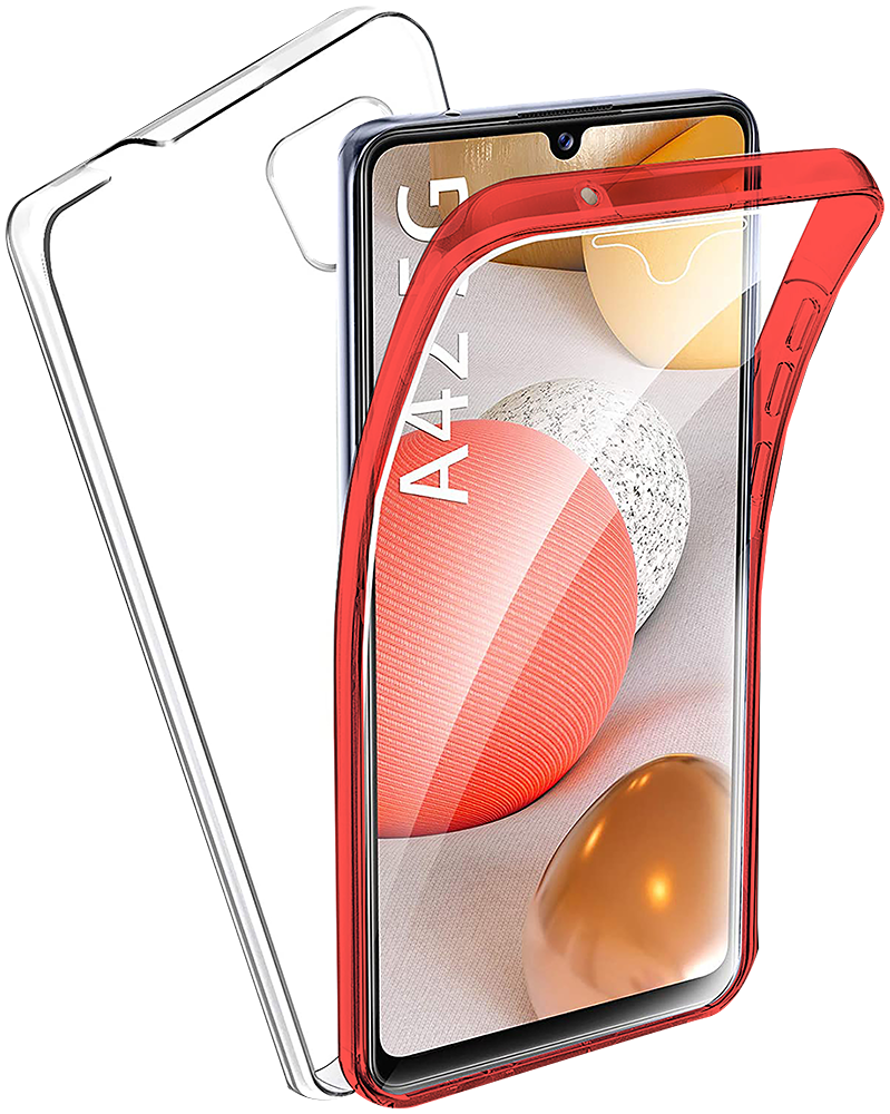 Samsung Galaxy A42 5G (SM-A426B) kemény hátlap szilikon előlap piros kerettel 360 ° védelem átlátszó