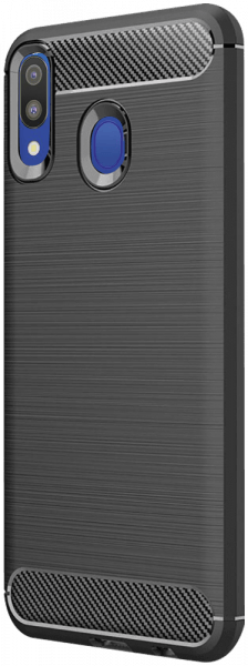 Samsung Galaxy M20 (SM-M205) ütésálló szilikon tok szálcsiszolt-karbon minta légpárnás sarok fekete