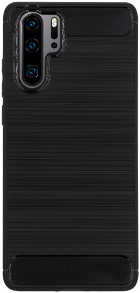 Huawei P30 Pro ütésálló szilikon tok szálcsiszolt-karbon minta légpárnás sarok fekete