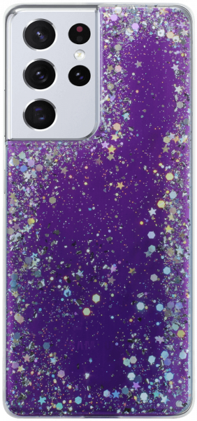 Samsung Galaxy S21 Ultra 5G (SM-G998B) kemény hátlap szilikon kerettel flitteres átlátszó lila