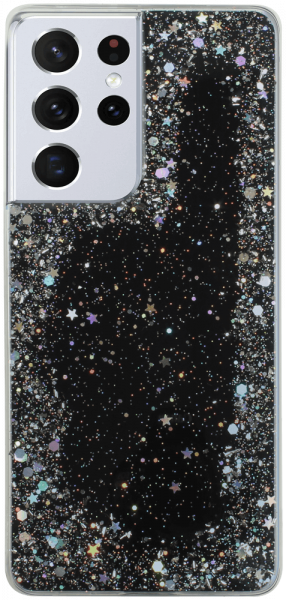 Samsung Galaxy S21 Ultra 5G (SM-G998B) kemény hátlap szilikon kerettel flitteres átlátszó fekete