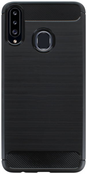 Samsung Galaxy A20s (SM-A207F) ütésálló szilikon tok szálcsiszolt-karbon minta légpárnás sarok fekete
