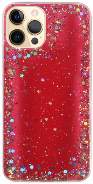 Apple iPhone 12 Pro kemény hátlap szilikon kerettel flitteres átlátszó piros