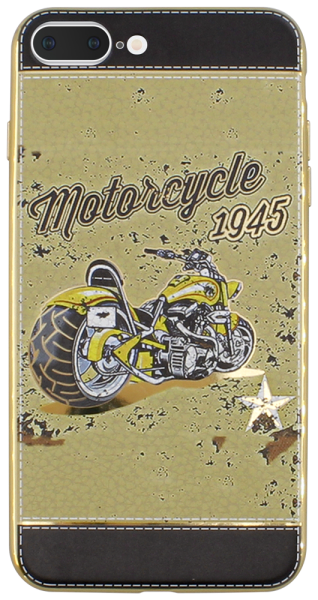 Apple iPhone 8 Plus szilikon tok bőrhatású "motorcycle 1945" mintás bézs, arany kerettel