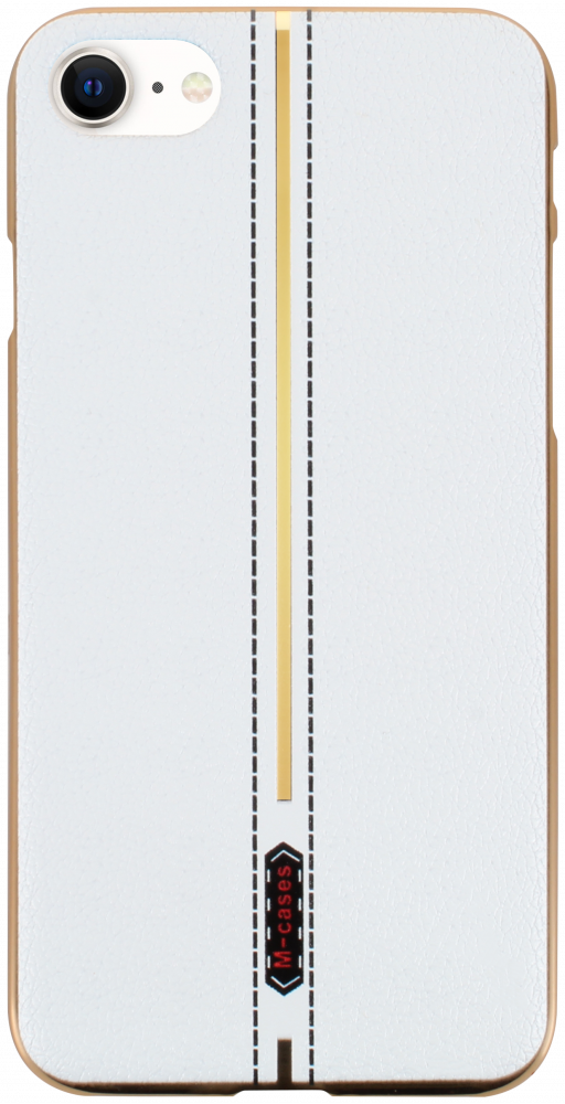 Apple iPhone SE (2022) szilikon tok bőrhatású középen varrott mintával fehér arany kerettel