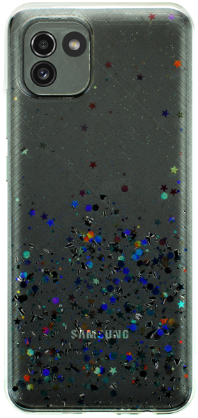 Samsung Galaxy A03 (SM-A035G) kemény hátlap szilikon kerettel flitteres kameravédővel átlátszó