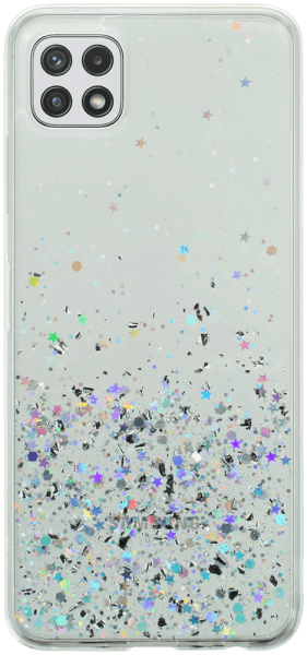 Samsung Galaxy A22 5G (SM-A226B) kemény hátlap szilikon kerettel flitteres átlátszó