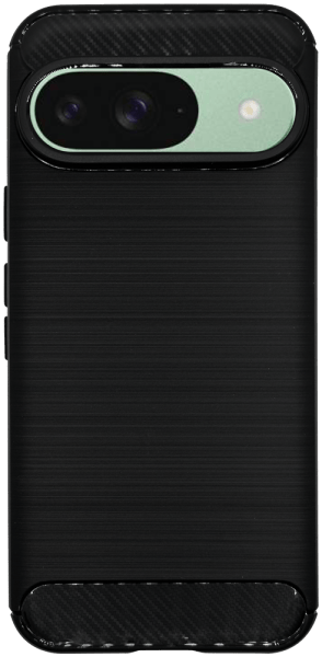 Google Pixel 9 Pro ütésálló szilikon tok szálcsiszolt-karbon minta légpárnás sarok fekete